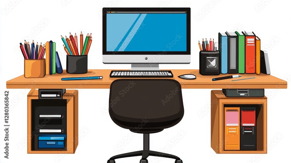 Poster modern workspace vector illustration office desk setup with computer stationery office chair books v