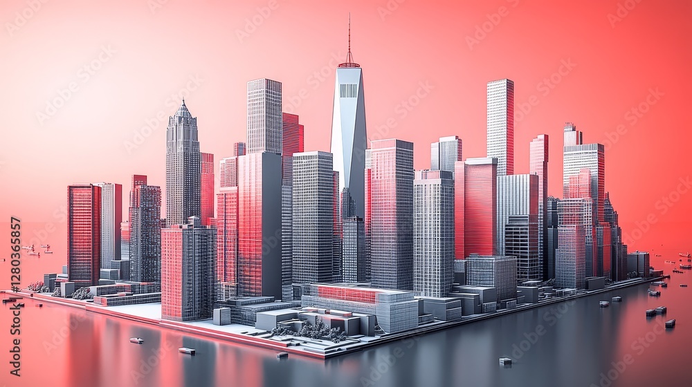 Poster Abstract metropolitan city skyline with a red glow artistic rendering of modern architecture and urban panorama detailed building design