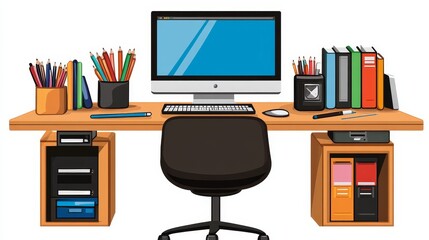 Modern workspace vector illustration office desk setup with computer stationery office chair books vector design minimal clean workspace