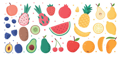 Hand drawn colorful fruits and berries. Trendy abstract minimal style. Natural tropical fruits. Fig, cherry, apple, peach, lemon, banana, avocado, pomegranate, pineapple, melon Vector illustration on 