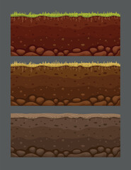 Seamless soil layers. Layered dirt clay, ground layer with stones and grass on dirts cliff texture, underground buried rock, archeology landscape cartoon vector pattern isolated set for your design © lupascoroman