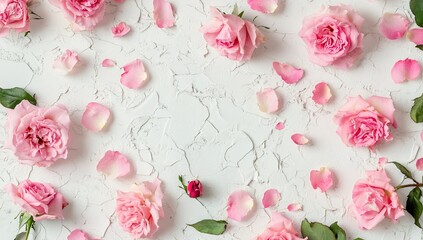 Pink roses, petals, and leaves arranged on textured white surface