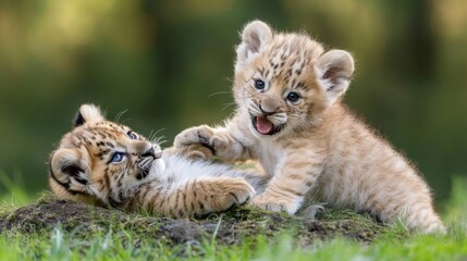 Two Playful Lion Cubs Wrestling on Grassy Ground