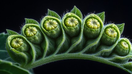 Close-up spiral plant buds against dark
