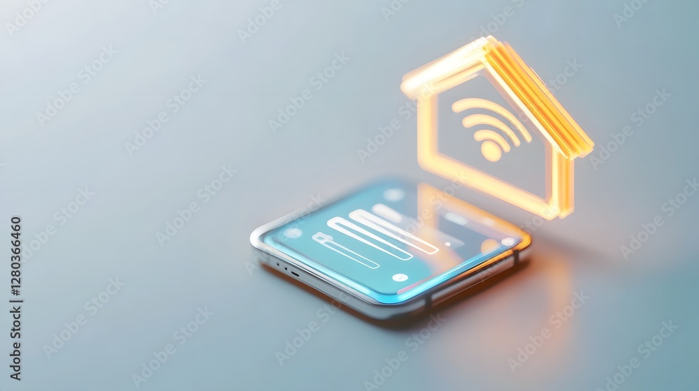 Poster cutting edge iot home automation logo with futuristic smartphone ui and neon wifi signals
