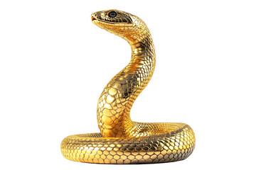Coiled golden snake sculpture with detailed scales isolated on white transparent background, reptiles or wildlife, symbolizing Chinese Lunar New year