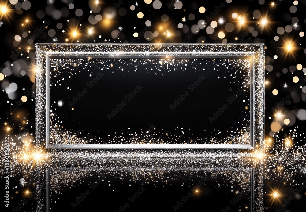 Poster elegant empty photo frame surrounded by sparkling golden lights and shimmering bokeh on a dark backg