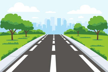 Road to the city with sidewalk and curbs, trees and green grass. Marked road leading into the city. Highway to the metropolis. The route from the suburbs to the big city. Asphalt road. © LoveSan