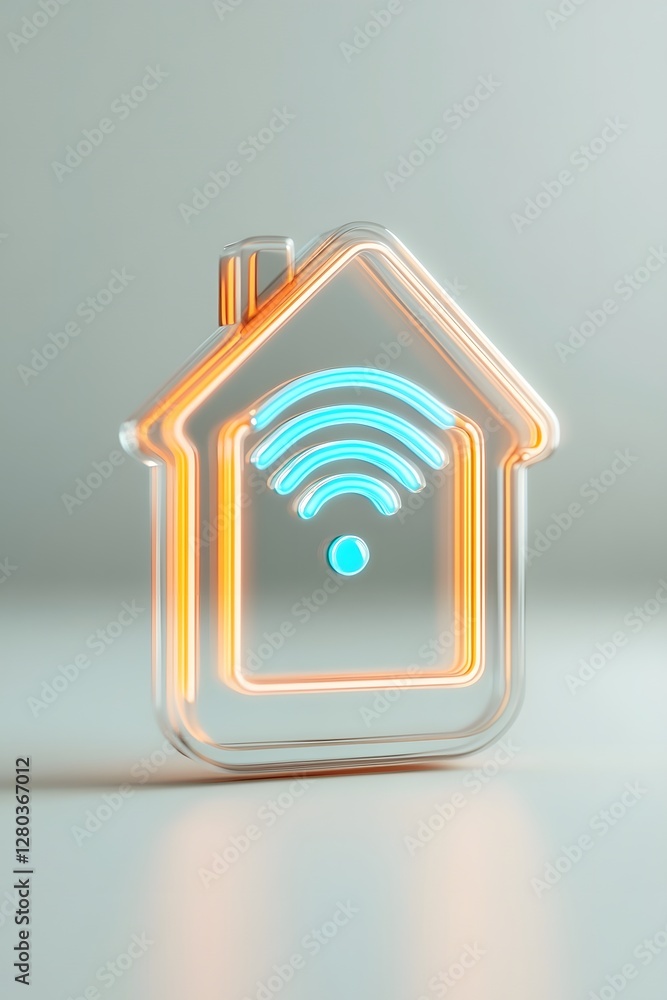 Poster elegant and futuristic smart home automation iot logo with floating smartphone ui and neon wifi