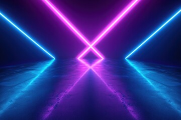 Abstract neon light crossing in dark space.