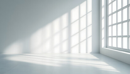 Obraz premium Golden sunlight streams through a large arched window illuminating a pristine white room