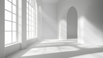 Obraz premium Serene White Room with Archways and Sunlight Streaming Through Windows