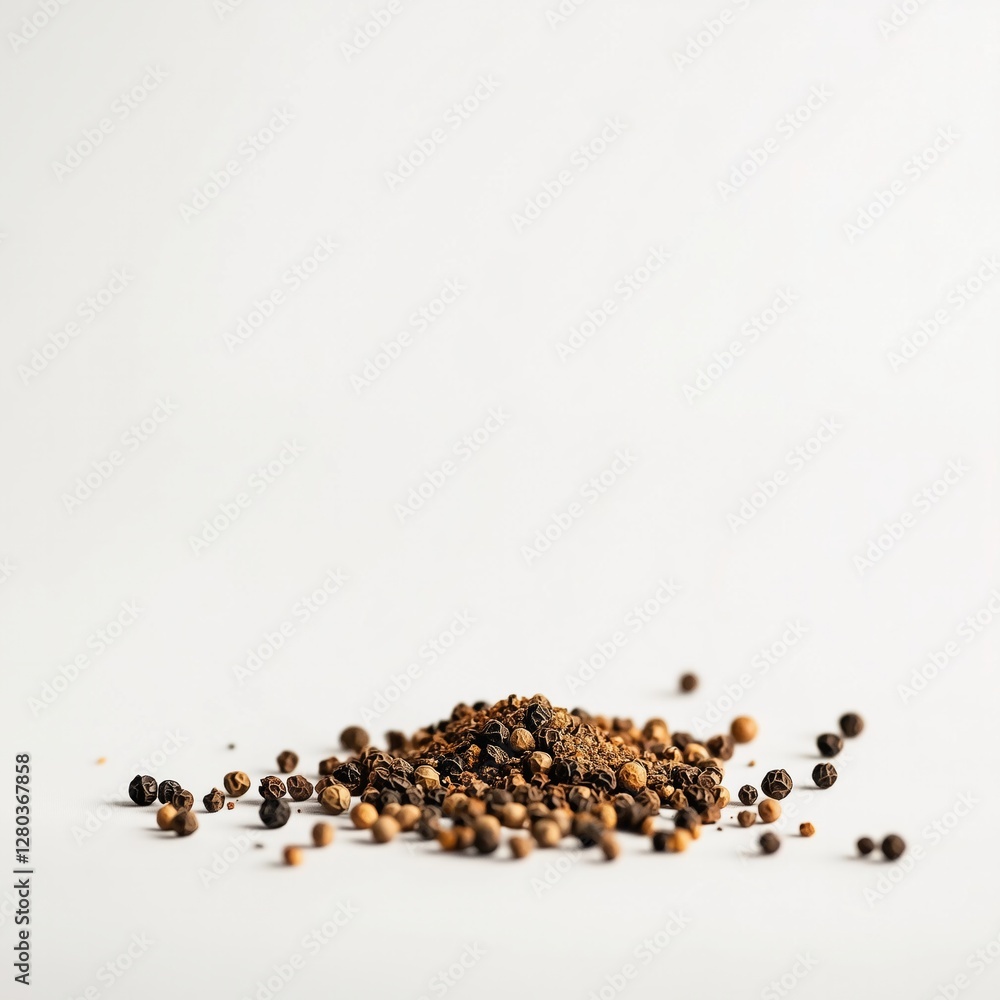 Wall mural Assorted peppercorns on white surface: spices, seasoning, cooking, culinary, ingredient