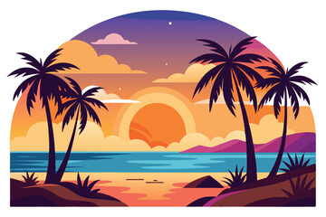 Fototapeta premium Colorful Sunset Beach Scene with Palm Trees.A vibrant and stylized illustration of a tropical beach at sunset.
