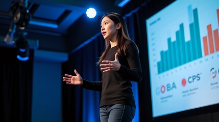 Confident asian woman presenting data with passion on a brightly lit stage