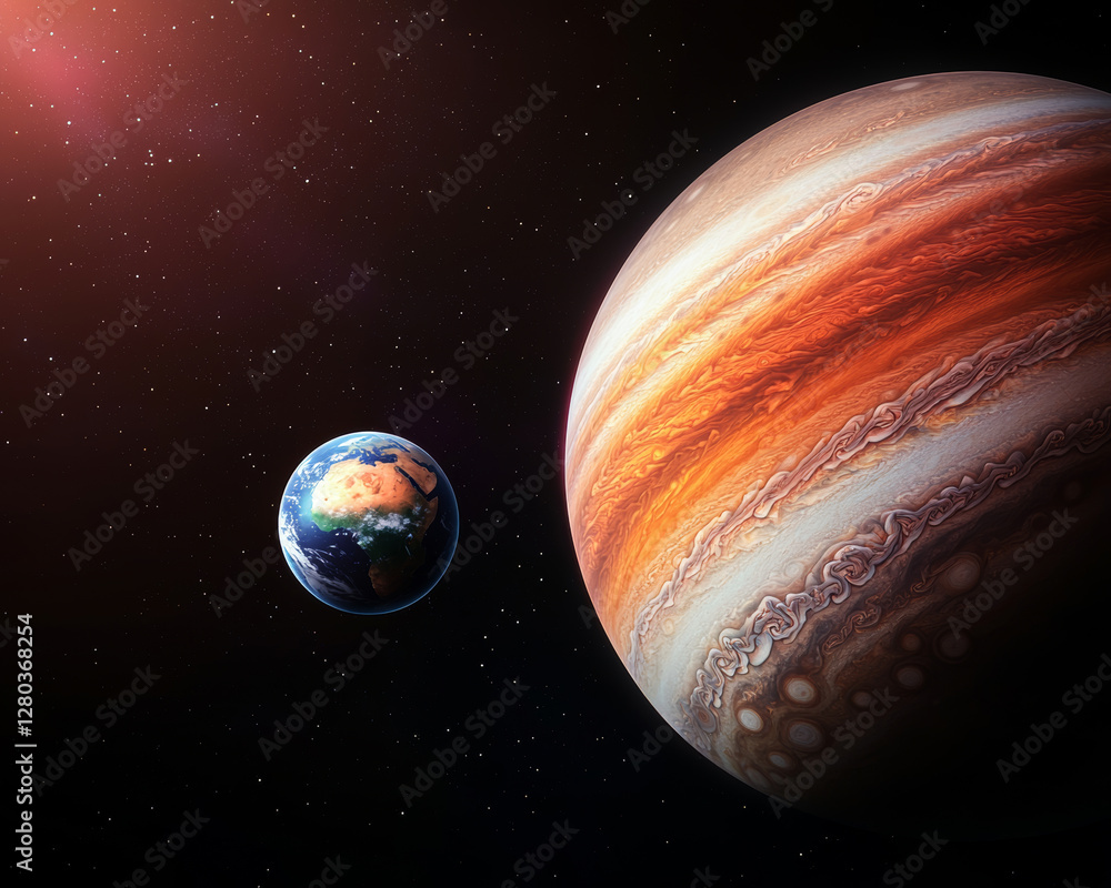 Wall mural jupiter and earth alignment in deep space. jupiter swirling storms with earth in space, cosmic view