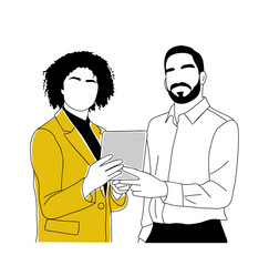 Teamwork business concept illustration. Man and woman standing together, working on digital tablet. Modern vector simple outline style drawing for graphic and web design. Isolated