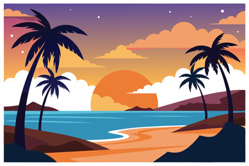 Obraz premium Colorful Sunset Beach Scene with Palm Trees.A vibrant and stylized illustration of a tropical beach at sunset.