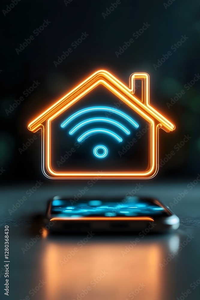 Aufkleber futuristic iot home automation logo with neon wifi signals and floating smartphone ui