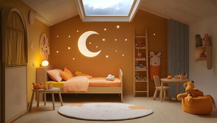 Childs bedroom with moon and stars decor soft lighting and wooden furniture