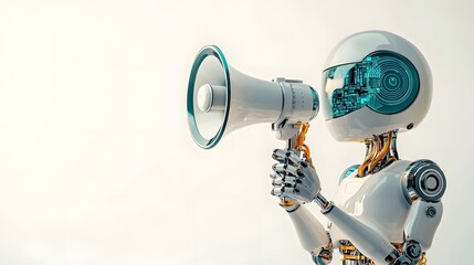 Futuristic Robot Holding Holographic Megaphone for High Tech Announcement