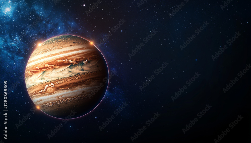 Wall mural jupiter and earth alignment in deep space. jupiter with glowing rings in starry space background