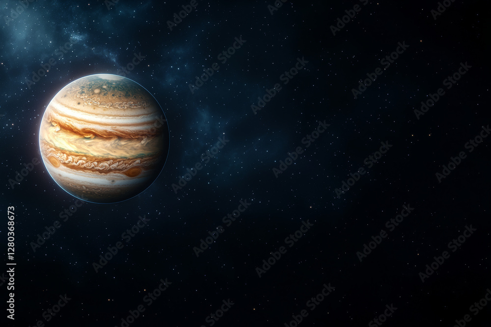 Wall mural jupiter and earth alignment in deep space. jupiter in vibrant cosmic alignment with stars in backgro