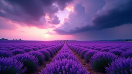 Obraz premium A vast lavender field under a dramatic sky with vibrant purple flowers and rows leading to the horizon, illuminated by a colorful sunset.