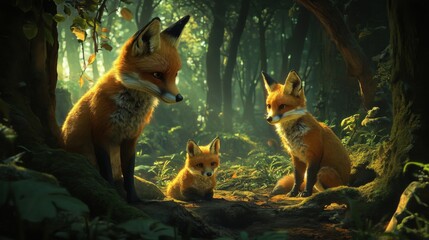 Obraz premium Red Fox Family in a Mystical Forest