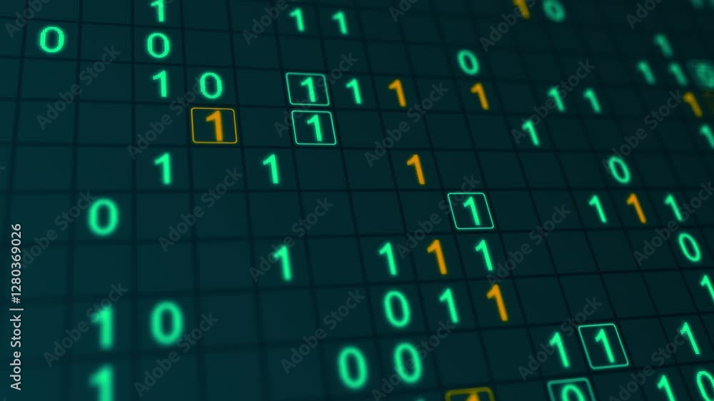 Poster blue glowing binary matrix on a grid. bokeh effect, horizontal composition. technology motion graphi