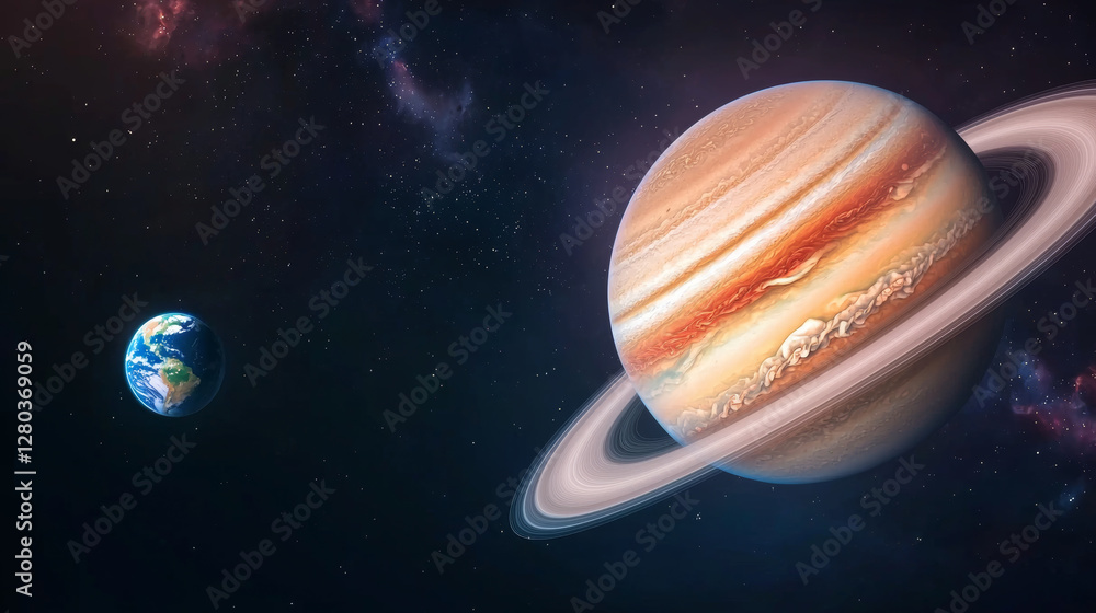 Wall mural jupiter and earth alignment in deep space. jupiter with its great red spot and earth in space