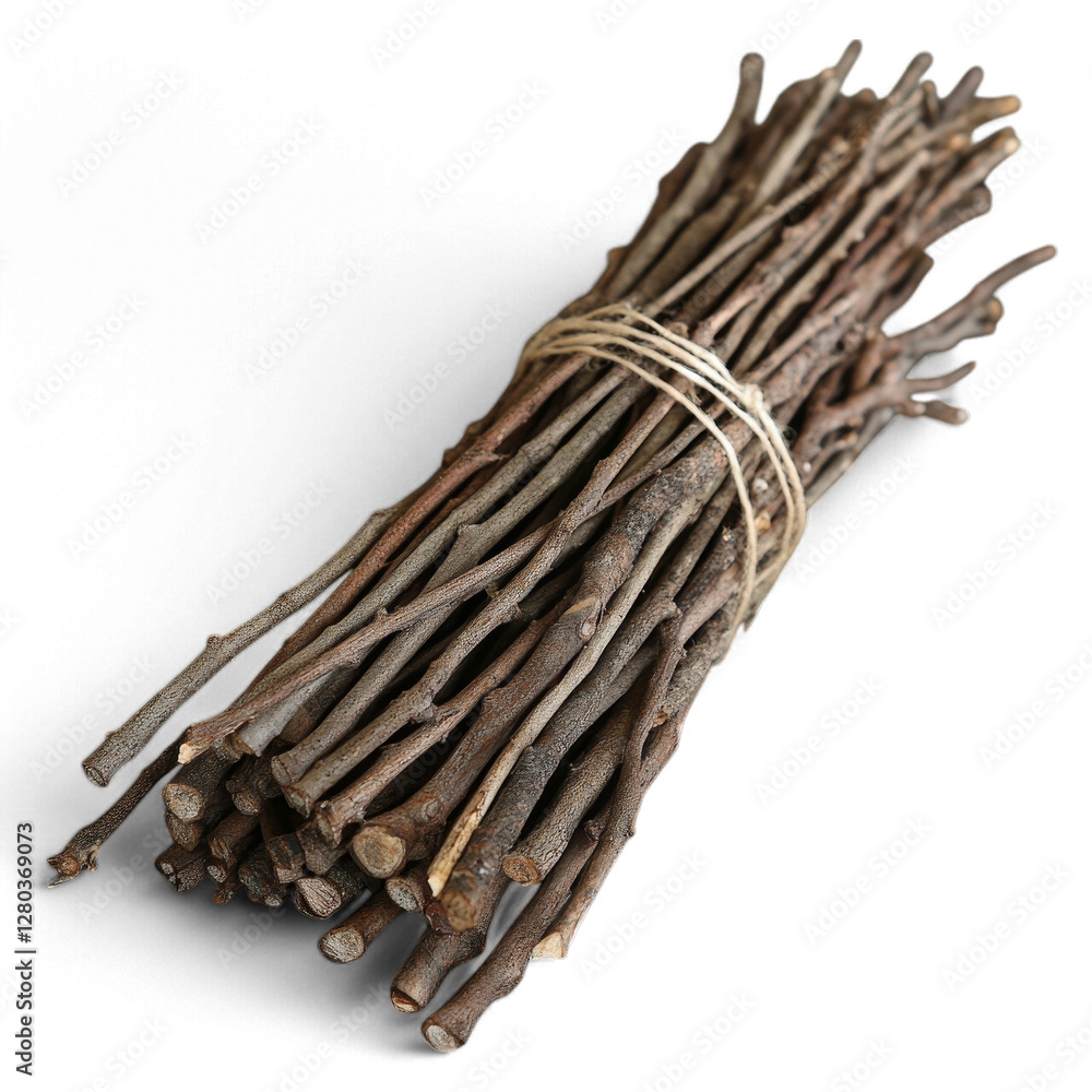 Poster Bundle of dried sticks tied with twine isolated on transparent background