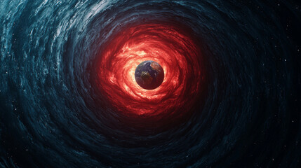 Jupiter and Earth alignment in deep space. glowing Earth surrounded by swirling red storm in space