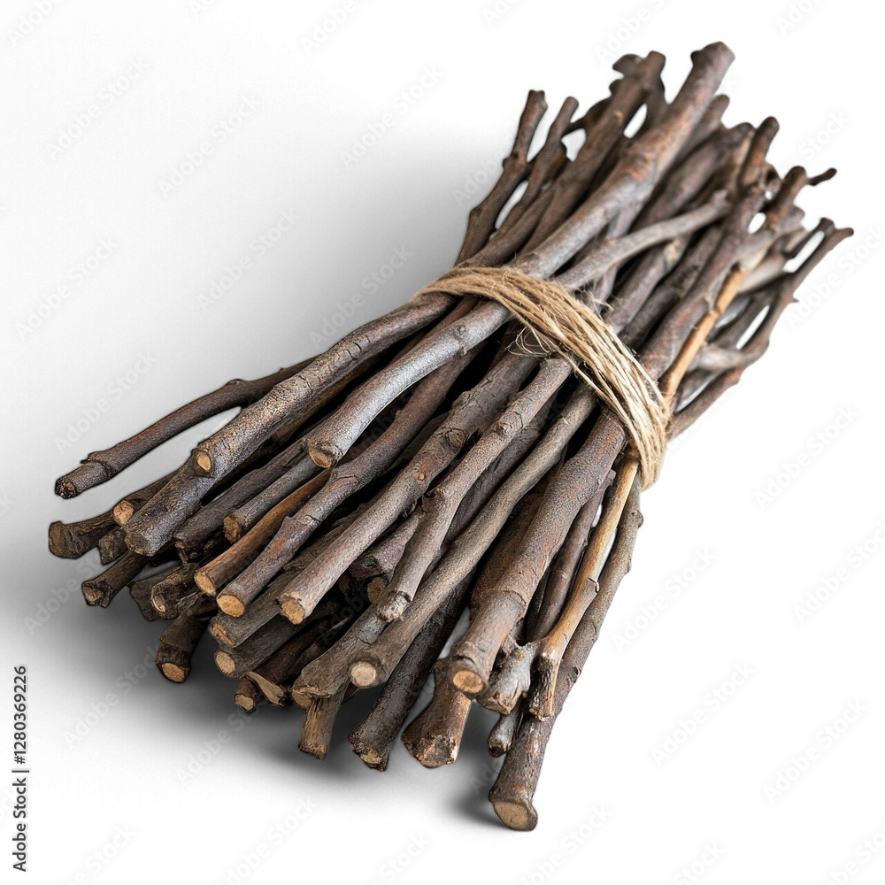 Poster bundle of dry twigs tied with twine on transparent background
