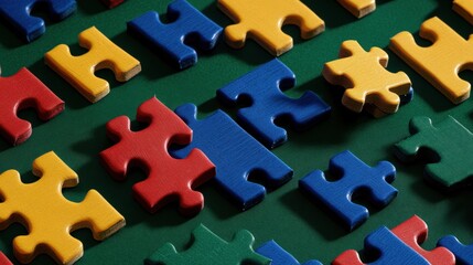Colorful puzzle pieces scattered on a green surface, showcasing creativity and problem-solving