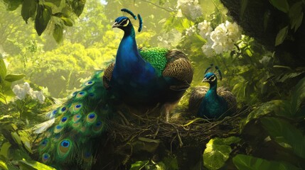 Obraz premium Peacock and Chick in Lush Green Nest