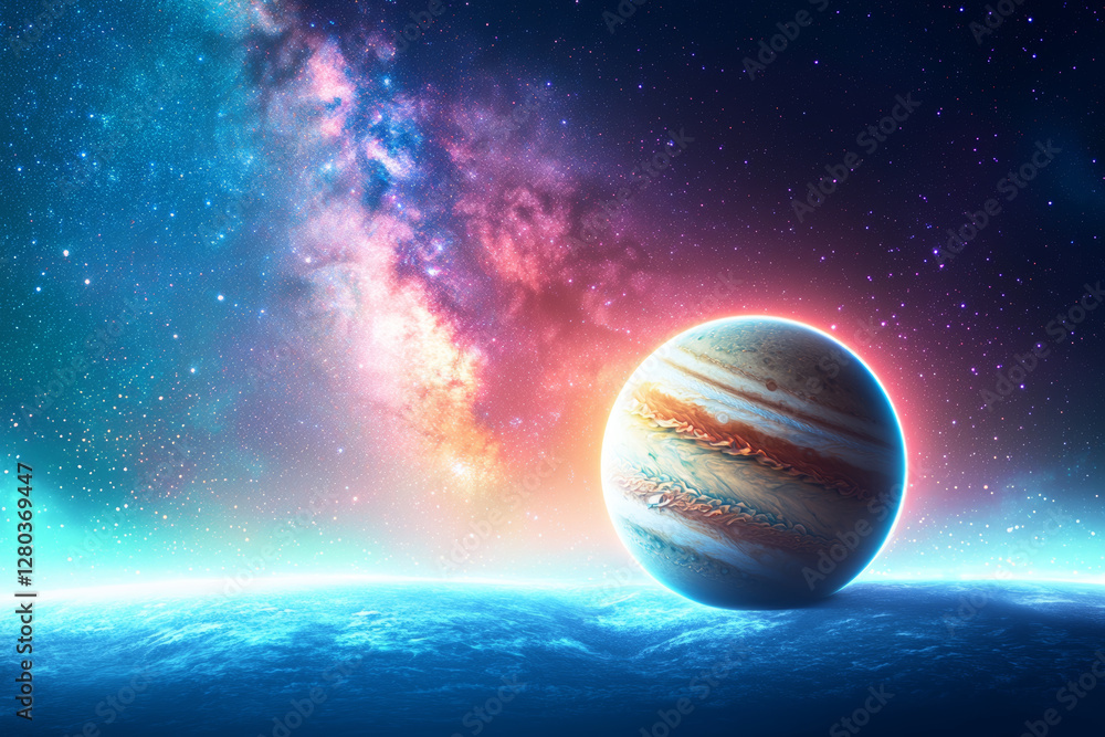 Wall mural jupiter and earth alignment in deep space. jupiter and earth in surreal alignment under glowing sky