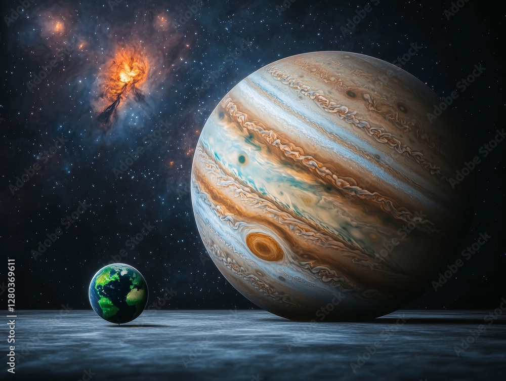 Wall mural jupiter and earth alignment in deep space. jupiter dominates frame with small earth orbiting nearby