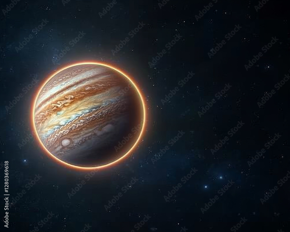 Wall mural jupiter and earth alignment in deep space. jupiter eclipsing earth with glowing edge lights in space