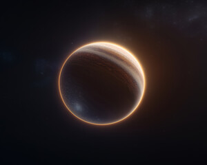 Obraz premium Jupiter and Earth alignment in deep space. glowing planet eclipses another in space with radiant edge