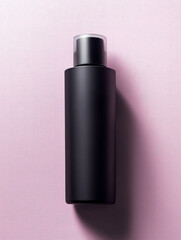 Black cosmetic bottle on a pastel pink background.