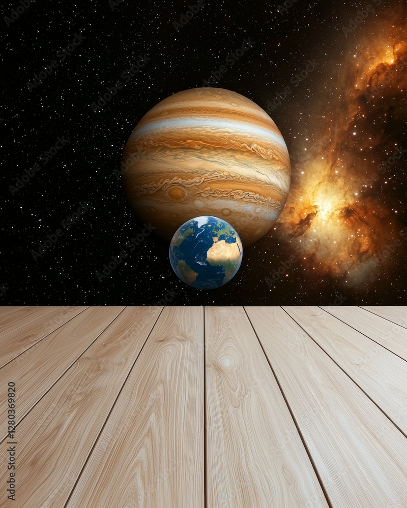 Wall mural jupiter and earth alignment in deep space. jupiter looms massive while earth orbits softly below in 