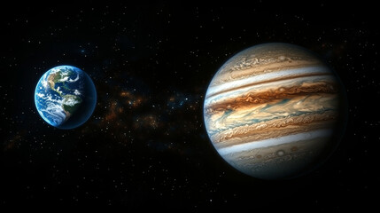 Jupiter and Earth alignment in deep space. Earth and Jupiter in outer space with starry background