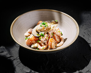 Seafood dish with shrimp and mussels served in a bowl