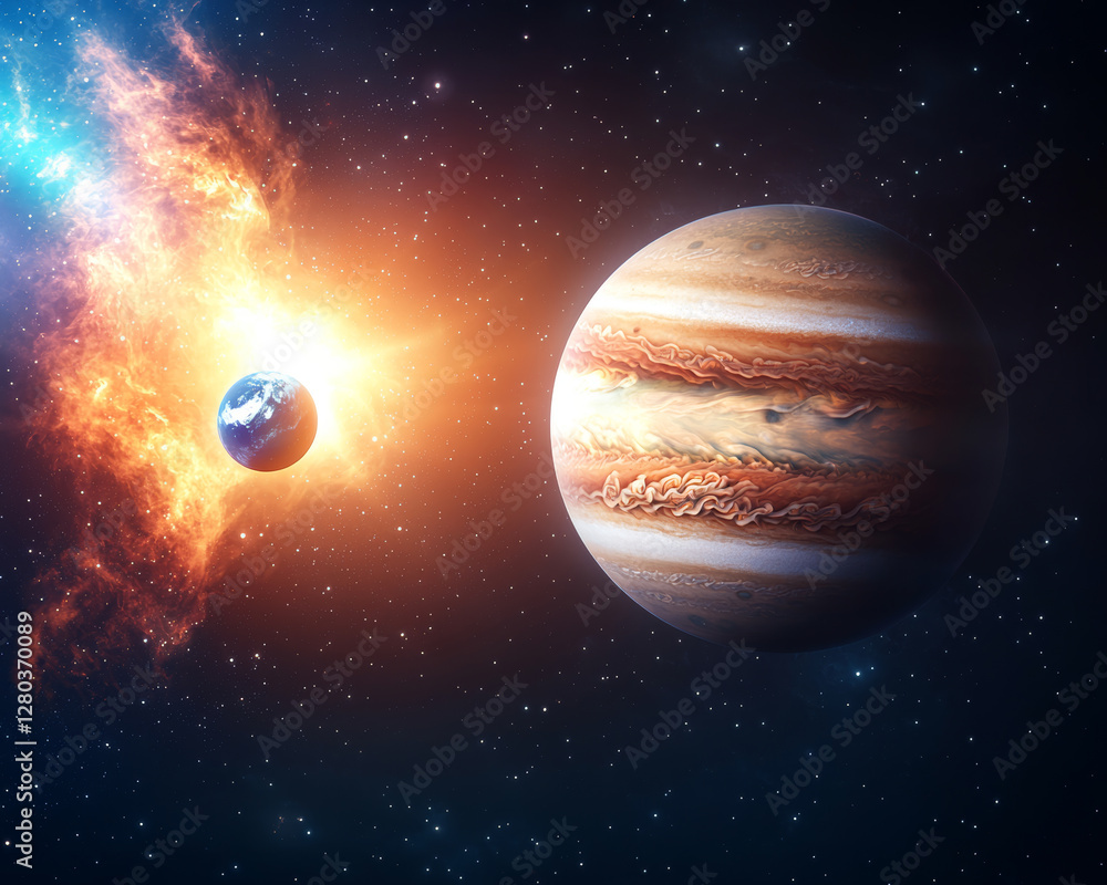 Wall mural jupiter and earth alignment in deep space. jupiter with radiant gas clouds and earth in orbit, glowi