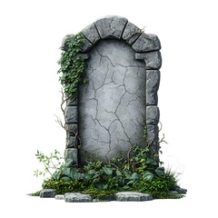 Ornate Gray Stone Tombstone with Lush Greenery
