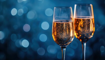 Elegant glasses of sparkling beverage with golden bubbles on blue sparkling background, perfect for celebration, party, or festive occasion photography