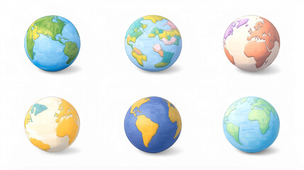 Artistic earth globes showing continents and oceans from various angles