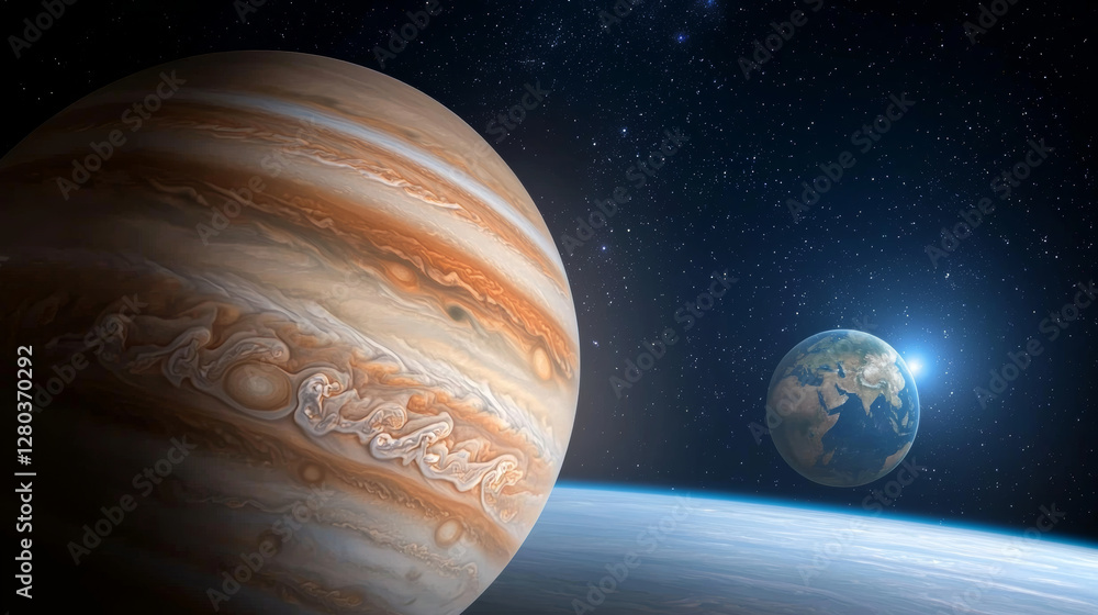 Wall mural jupiter and earth alignment in deep space. jupiter swirling clouds with earth in distance