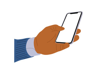 Hand holding mobile phone. Fingers touching, scrolling smartphone screen, using applications. Empty screen, phone mockup. Flat vector illustration isolated